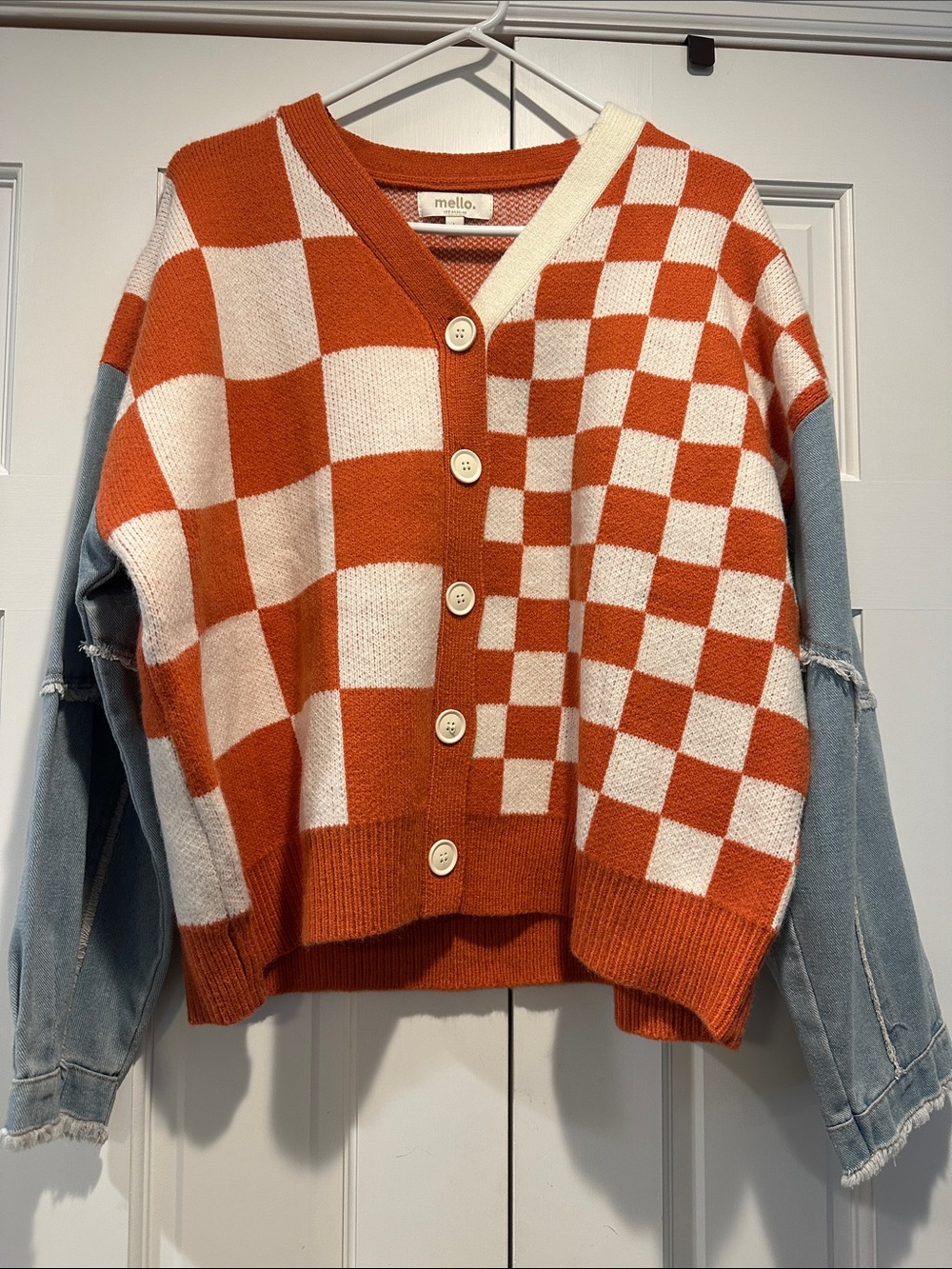 Mello Orange & White Checker Knit Button Cardigan